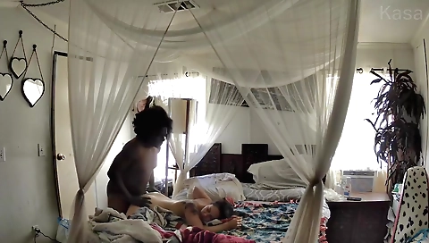 Gay guy and interracial couple having sex in the bedroom