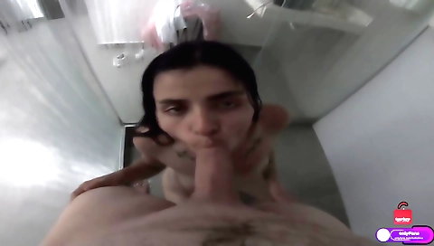 Brunette gets naked and gets intimate with her partner in the bathroom