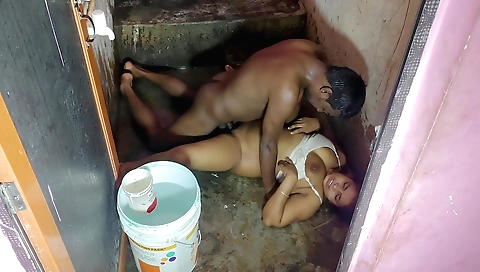 Indian beauty sucks and rides a dick in the small bathroom