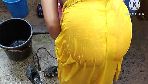 Indian housewife stretching in front of the camera