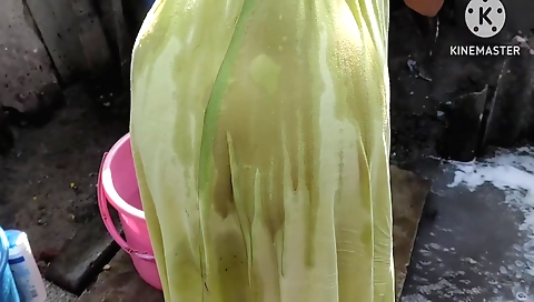 Female naked while getting ready for solo sex outdoors