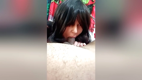 Indian amateur brunette with small titties suck big cock