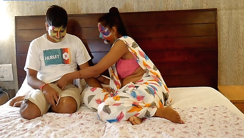 Indian girl fucks her teacher on the bed in the school