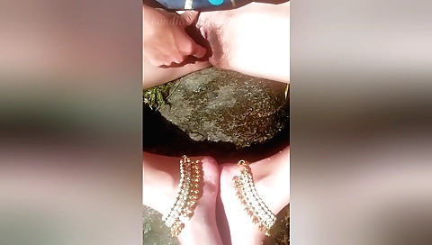 Hairy milf masturbating in the outdoor camera view