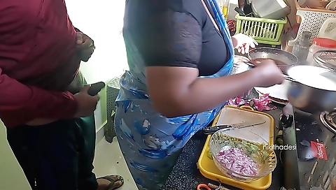 Indian babe plays with her man on the kitchen counter