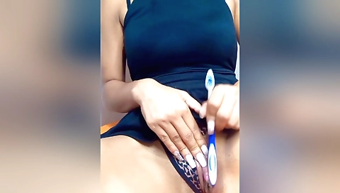Busty Indian amateur girl uses her big tits and a dildo to masturbate